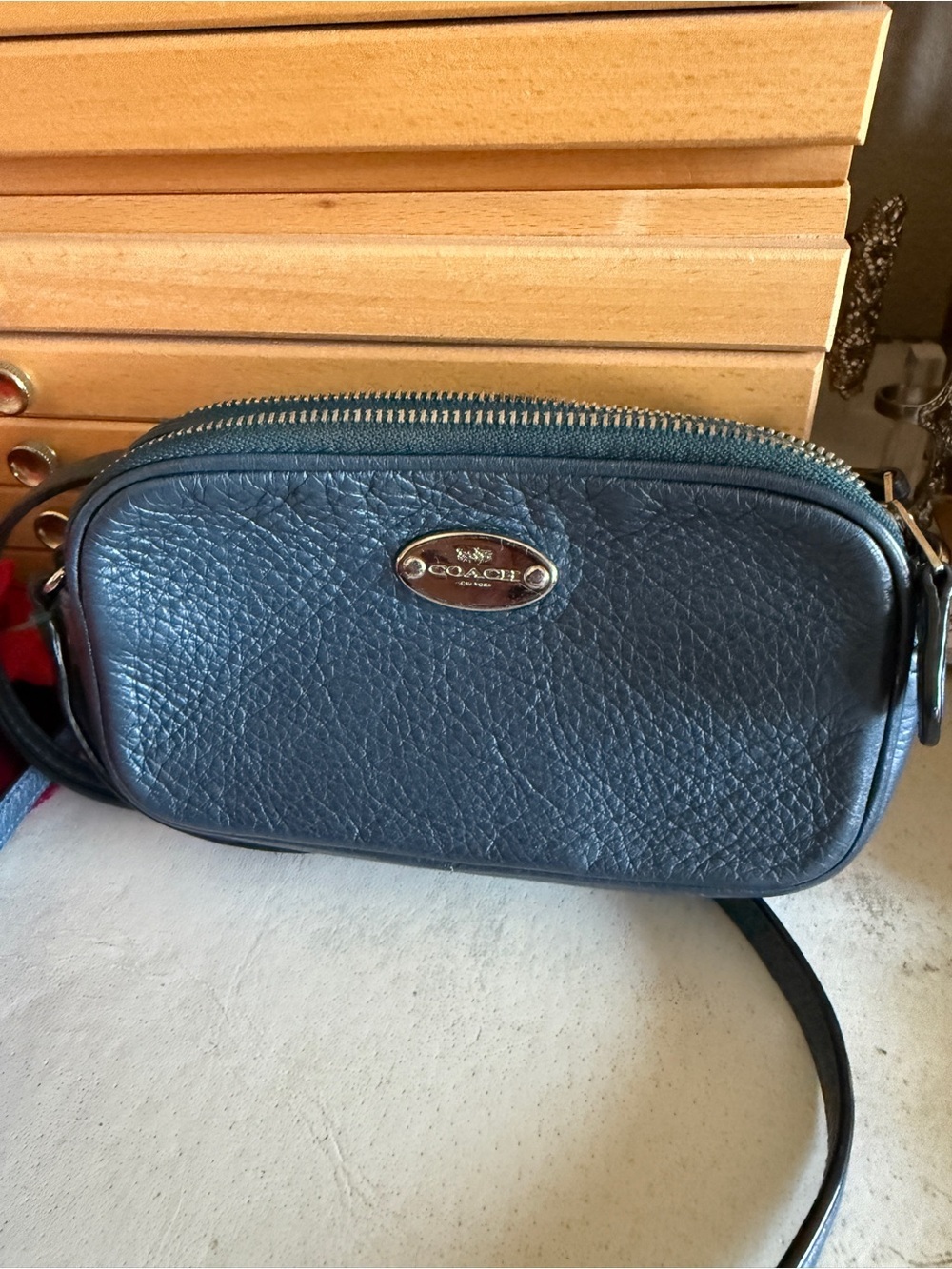 Vintage Coach Mini Camera Bag Navy Pebbled Leather Crossbody Rare Y2K